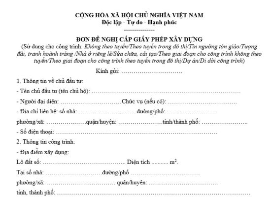 Mẫu đơn đề nghị cấp giấy phép xây dựng mới nhất 2024