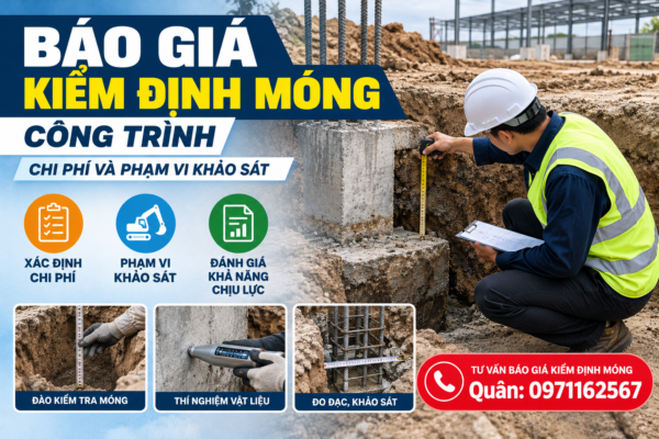 Báo giá kiểm định móng công trình được xác định dựa trên loại móng, quy mô công trình, số lượng vị trí khảo sát, phương pháp thí nghiệm và yêu cầu đánh giá khả năng chịu lực.