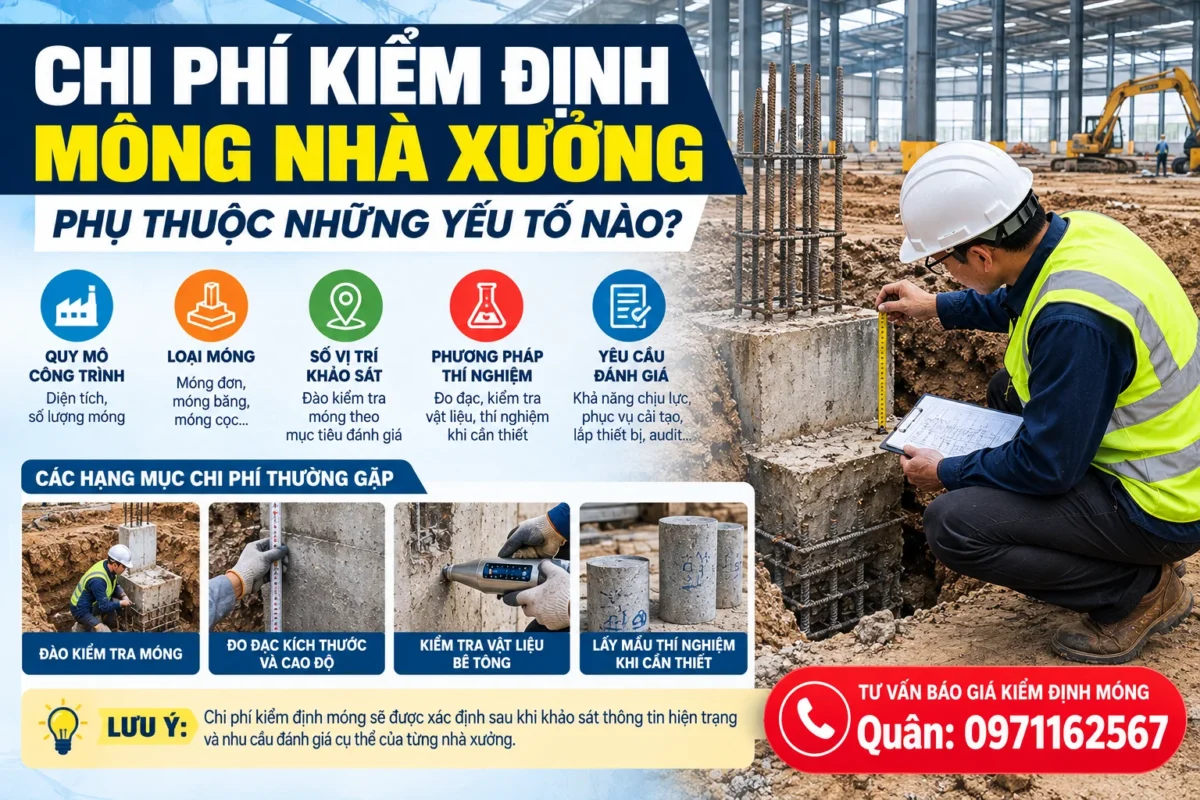 Chi phí kiểm định móng nhà xưởng phụ thuộc vào quy mô công trình, loại móng, số vị trí khảo sát, điều kiện tiếp cận, phương pháp thí nghiệm và yêu cầu đánh giá khả năng chịu lực.