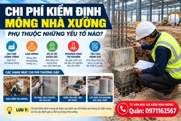 Chi phí kiểm định móng nhà xưởng phụ thuộc vào quy mô công trình, loại móng, số vị trí khảo sát, điều kiện tiếp cận, phương pháp thí nghiệm và yêu cầu đánh giá khả năng chịu lực.