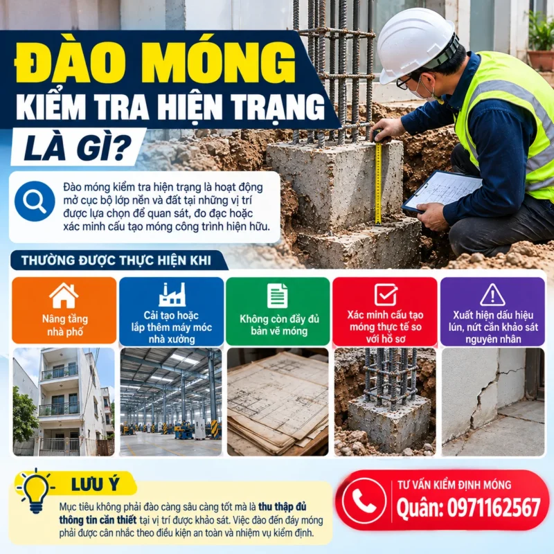 Đào móng kiểm tra hiện trạng là hoạt động mở cục bộ lớp nền và đất tại những vị trí được lựa chọn để quan sát, đo đạc
