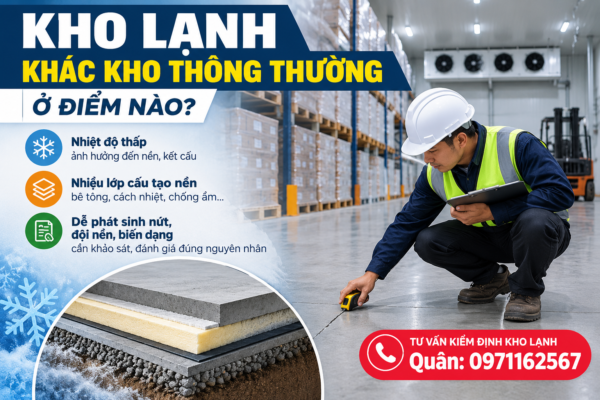 Kiểm định kho lạnh: đánh giá nền, sàn, kết cấu thép, tải trọng Racking, nứt và đội nền do điều kiện nhiệt – ẩm.